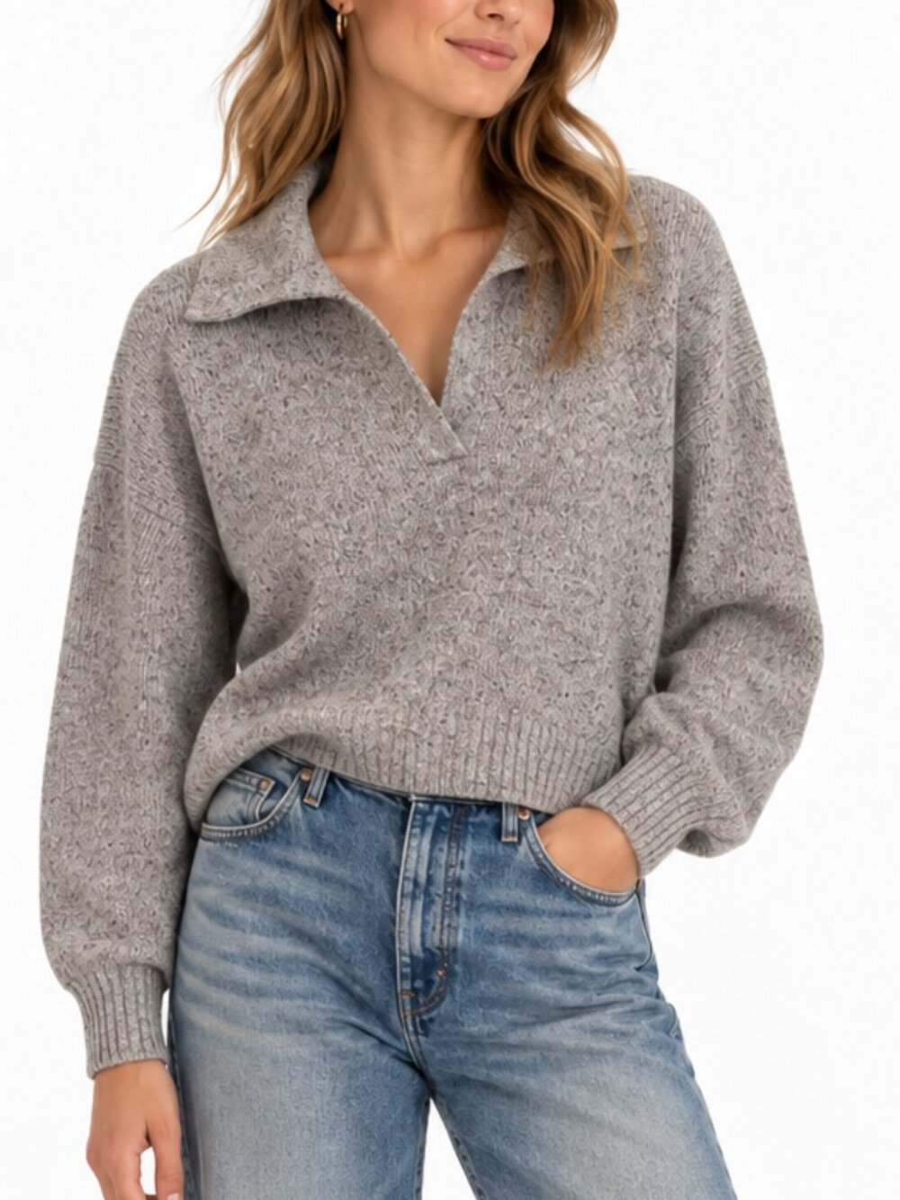 Abercrombie & Fitch Johnny Collar Cropped Polo Sweater Heather Gray Size S